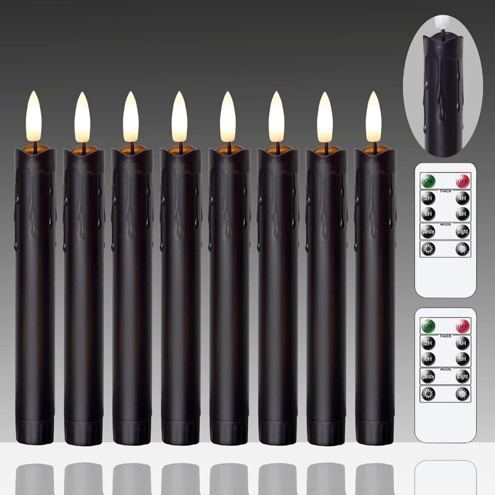 Flameless Flickering Taper Candles Two Remote, 7.5 Inch Black Battery Operated L